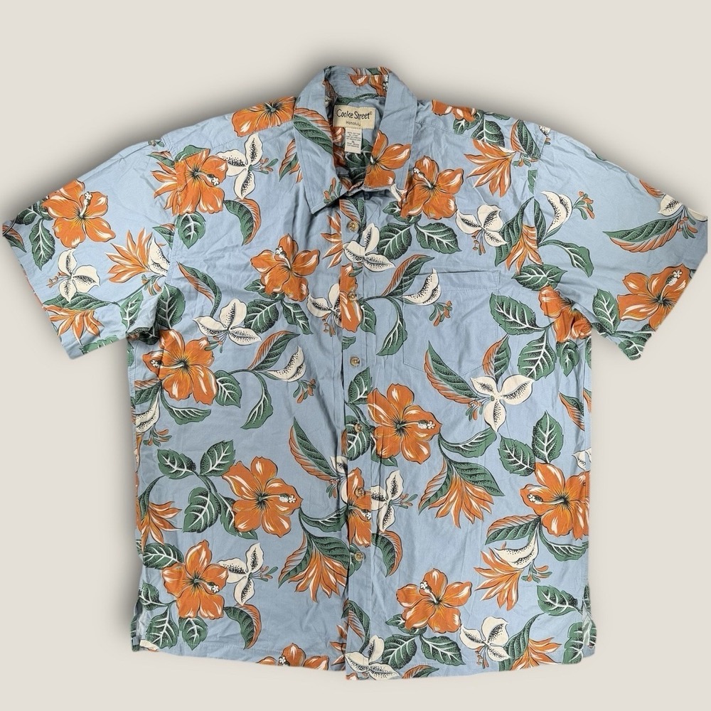 Cooke Street‎ Honolulu Hawaiian Shirt XL Blue Orange Floral Cotton Reverse Print